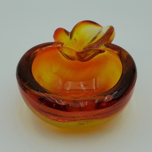 Orange Gold Glass Apple Dish Art Glass Trinket Candy Desk Dish Ring Holder - Picture 2 of 7